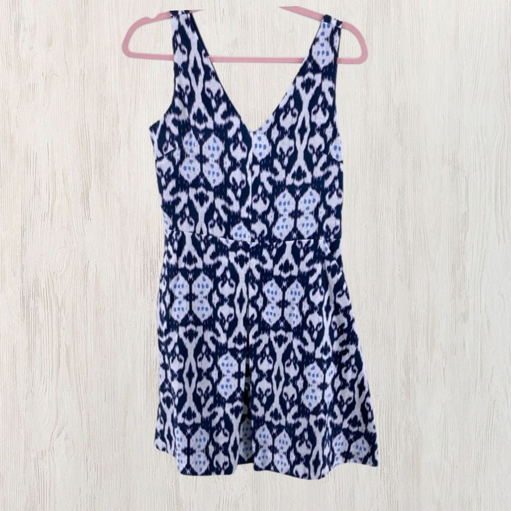 Gap Blue White Ikat Linen V-Neck Fit Flare Wrap Dress Womens 4 Sleeveless Summer